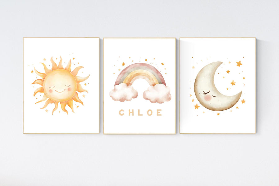 Personalized Sun Moon Rainbow Print Set: Boho Nursery Decor