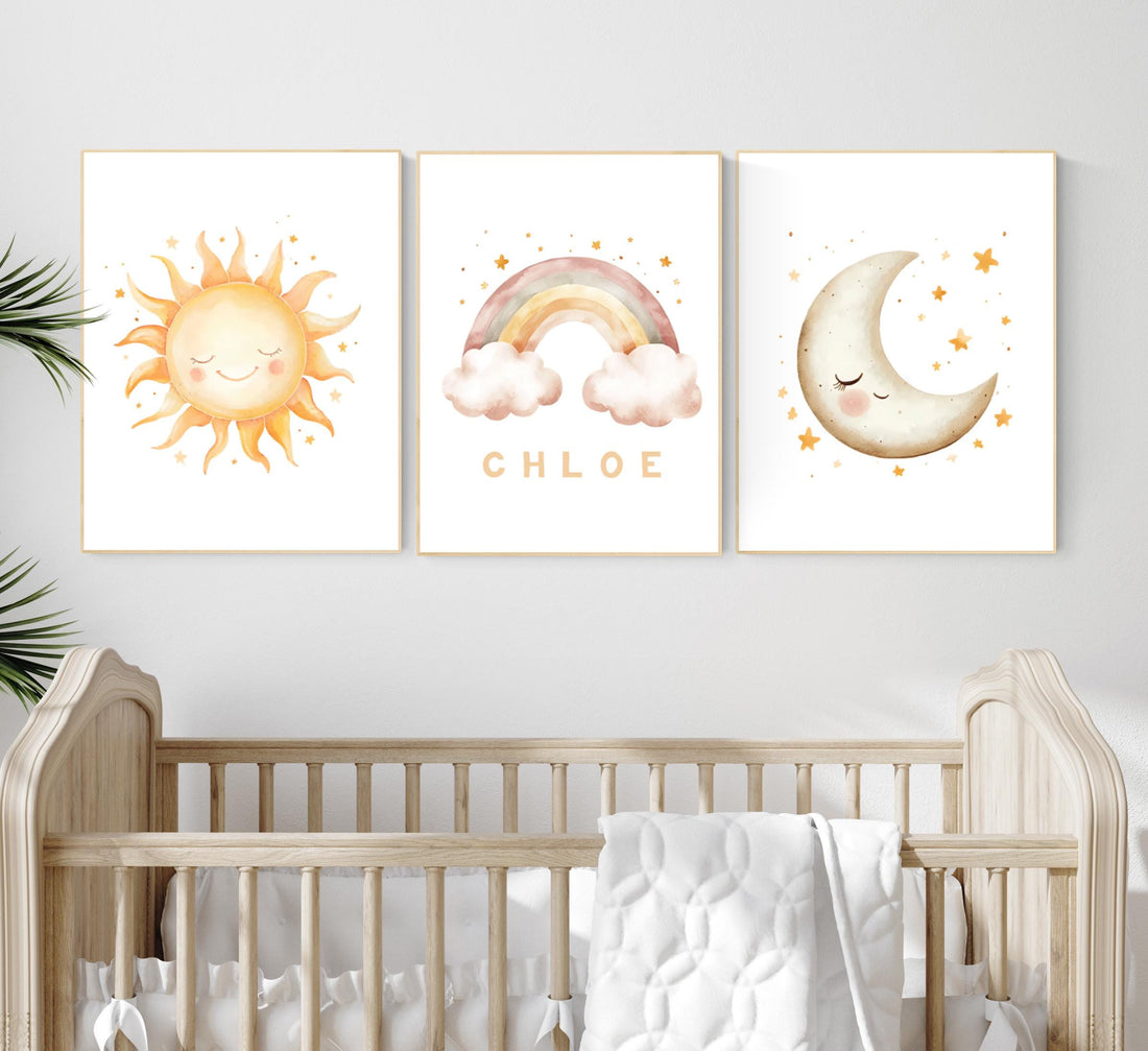 Personalized Sun Moon Rainbow Print Set: Boho Nursery Decor