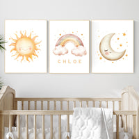 Personalized Sun Moon Rainbow Print Set: Boho Nursery Decor