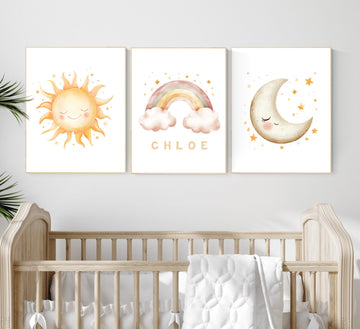 Personalized Sun Moon Rainbow Print Set: Boho Nursery Decor