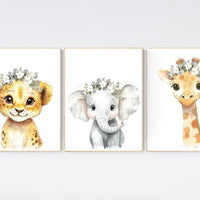 Safari Nursery Wall Art Set – Baby Lion, Elephant & Giraffe with Flowers – Neutral Jungle Animal Prints for Girl's Room (Set of 3)