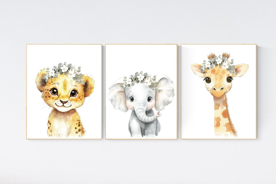 Safari Nursery Wall Art Set – Baby Lion, Elephant & Giraffe with Flowers – Neutral Jungle Animal Prints for Girl's Room (Set of 3)