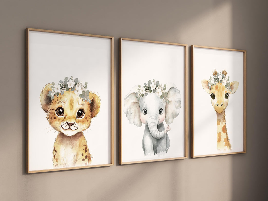 Safari Nursery Wall Art Set – Baby Lion, Elephant & Giraffe with Flowers – Neutral Jungle Animal Prints for Girl&