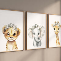 Safari Nursery Wall Art Set – Baby Lion, Elephant & Giraffe with Flowers – Neutral Jungle Animal Prints for Girl's Room (Set of 3)
