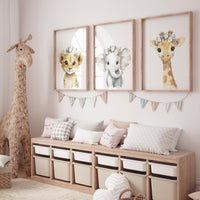 Safari Nursery Wall Art Set – Baby Lion, Elephant & Giraffe with Flowers – Neutral Jungle Animal Prints for Girl's Room (Set of 3)