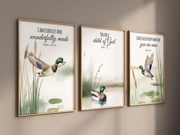Duck Wall Art Set of 3 – Bible Verse Prints with Mallard Ducks – Christian Nature Nursery or Rustic Cabin Decor, kids room decor, baby room