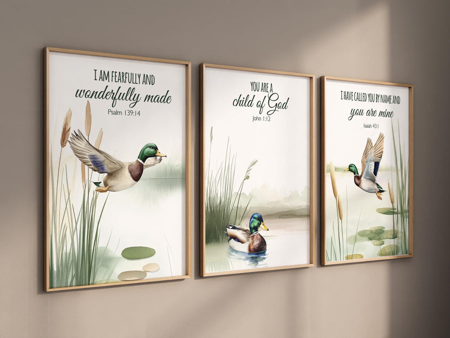 Duck Wall Art Set of 3 – Bible Verse Prints with Mallard Ducks – Christian Nature Nursery or Rustic Cabin Decor, kids room decor, baby room