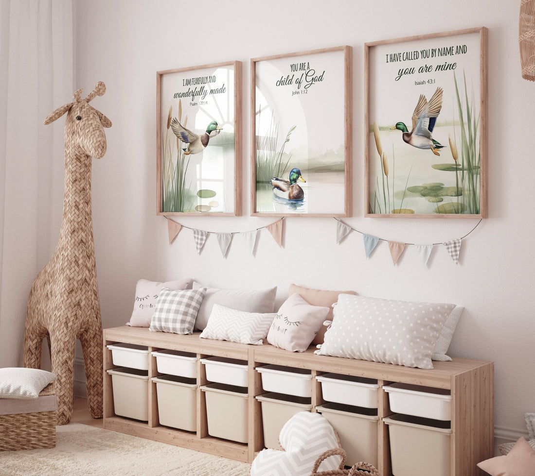 Duck Wall Art Set of 3 – Bible Verse Prints with Mallard Ducks – Christian Nature Nursery or Rustic Cabin Decor, kids room decor, baby room