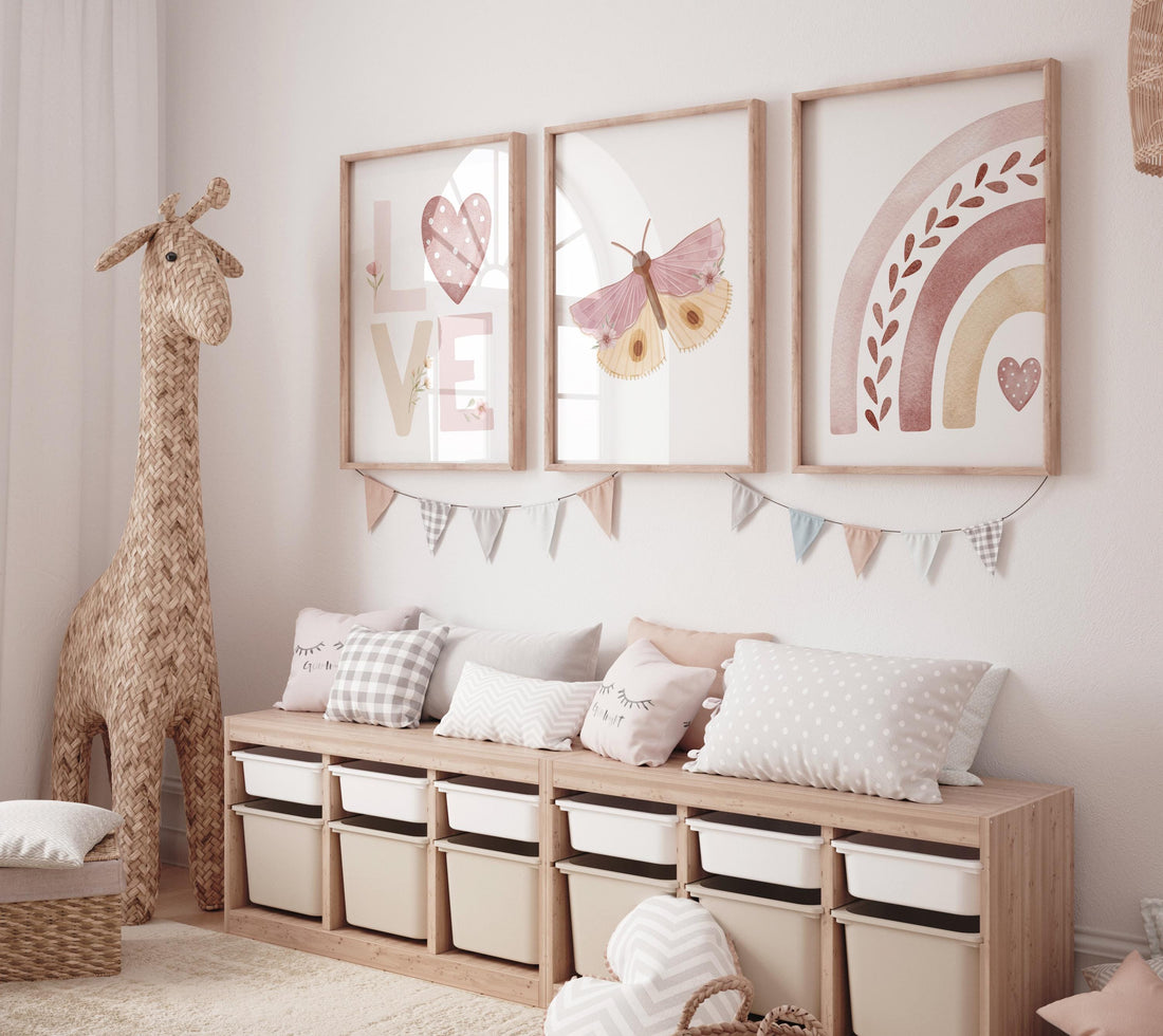 LOVE Butterfly Rainbow Wall Art Set – Boho Pink Nursery Prints for Girls – Soft Pastel Heart Decor for Baby Girl Room or Playroom