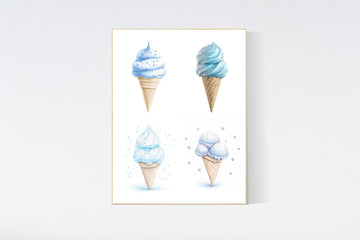 Blue Ice Cream Cone Wall Art – Set of 4 Prints for Boys Nursery or Playroom – Sweet Frozen Treats in Soft Blue Watercolor Style