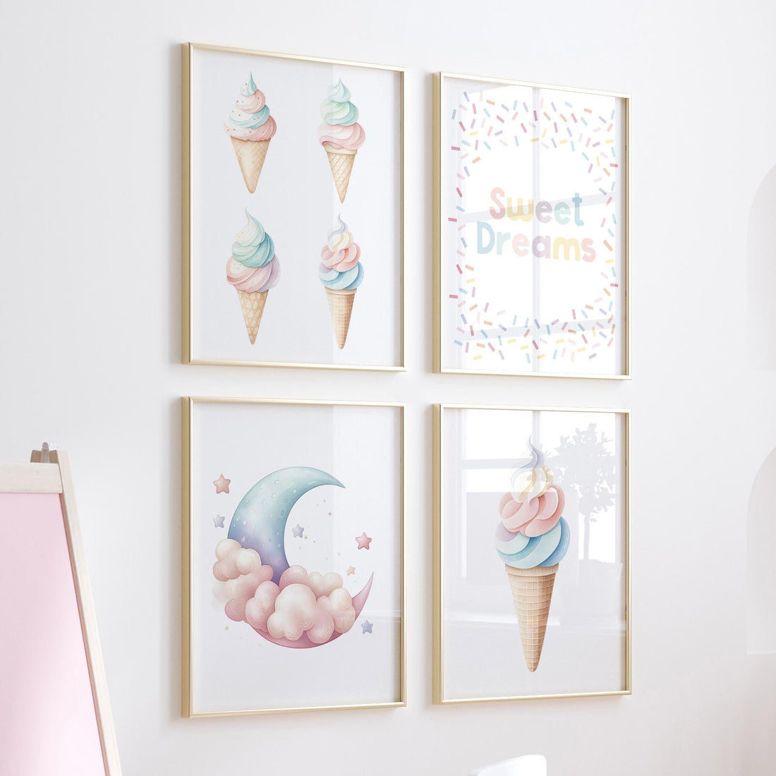 Ice Cream, Sweet Dreams Wall Art Set – Pastel Nursery Prints for Girls or Boys – Cute Moon & Cone Decor for Kids Room (Set of 4)