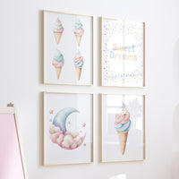 Ice Cream, Sweet Dreams Wall Art Set – Pastel Nursery Prints for Girls or Boys – Cute Moon & Cone Decor for Kids Room (Set of 4)