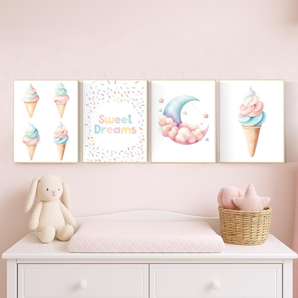 Ice Cream, Sweet Dreams Wall Art Set – Pastel Nursery Prints for Girls or Boys – Cute Moon & Cone Decor for Kids Room (Set of 4)