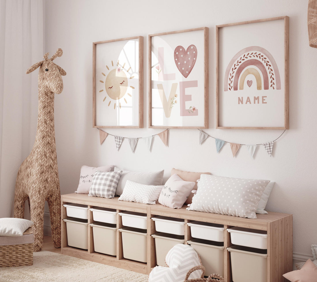 Personalized Name Nursery Wall Art – Sun, LOVE, and Rainbow Prints in Blush Pink – Custom Boho Baby Girl Room Decor Set of 3