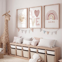 Personalized Name Nursery Wall Art – Sun, LOVE, and Rainbow Prints in Blush Pink – Custom Boho Baby Girl Room Decor Set of 3