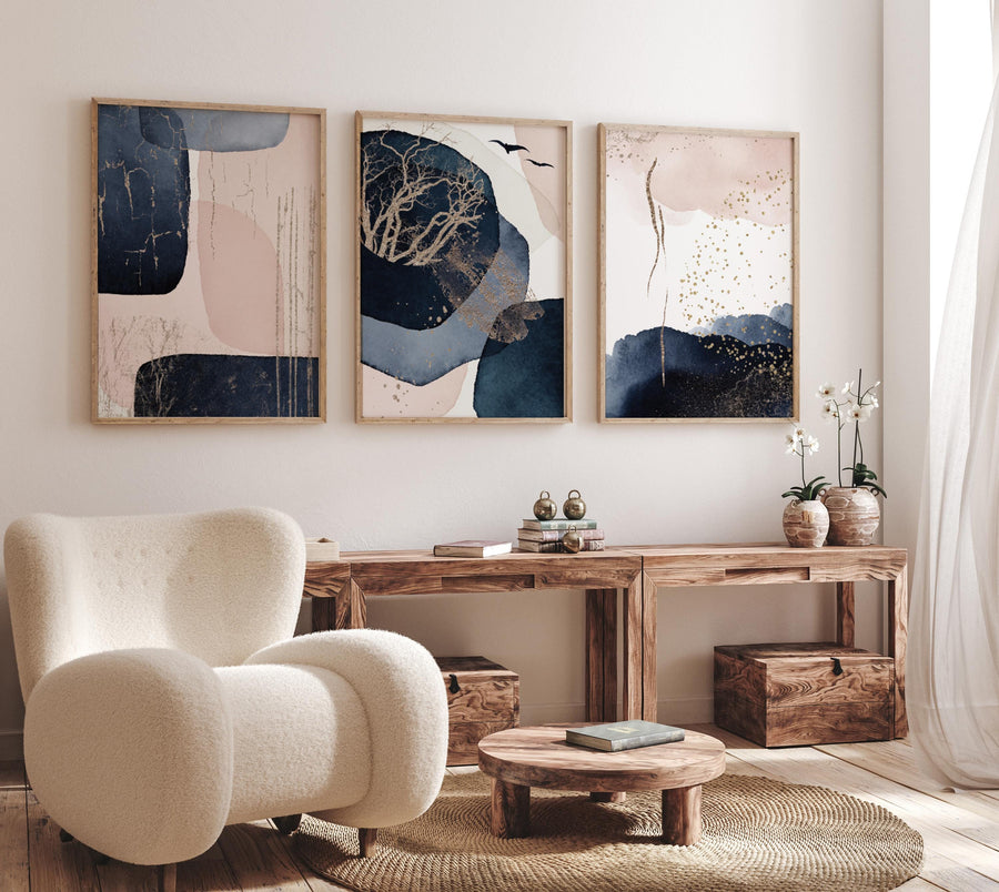 Navy and Blush Abstract Wall Art Set – Gold Accents Modern Boho Prints for Living Room, Bedroom, Office – Set of 3, navy blue and pink blush