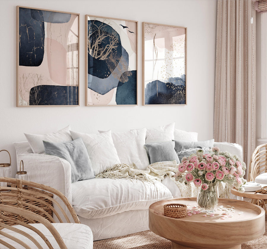 Navy and Blush Abstract Wall Art Set – Gold Accents Modern Boho Prints for Living Room, Bedroom, Office – Set of 3, navy blue and pink blush