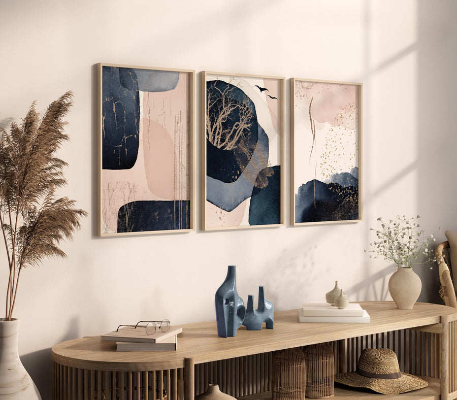 Navy and Blush Abstract Wall Art Set – Gold Accents Modern Boho Prints for Living Room, Bedroom, Office – Set of 3, navy blue and pink blush