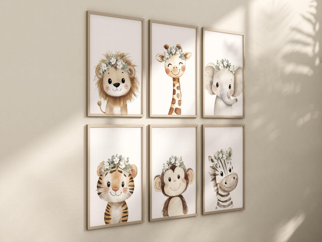 Floral Crown Safari Animal Wall Art Set of 6 – Nursery Jungle Prints with Lion, Giraffe, Elephant, Zebra, Tiger & Monkey – Neutral Decor