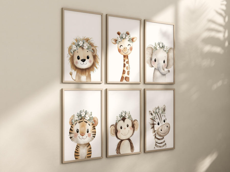 Floral Crown Safari Animal Wall Art Set of 6 – Nursery Jungle Prints with Lion, Giraffe, Elephant, Zebra, Tiger & Monkey – Neutral Decor
