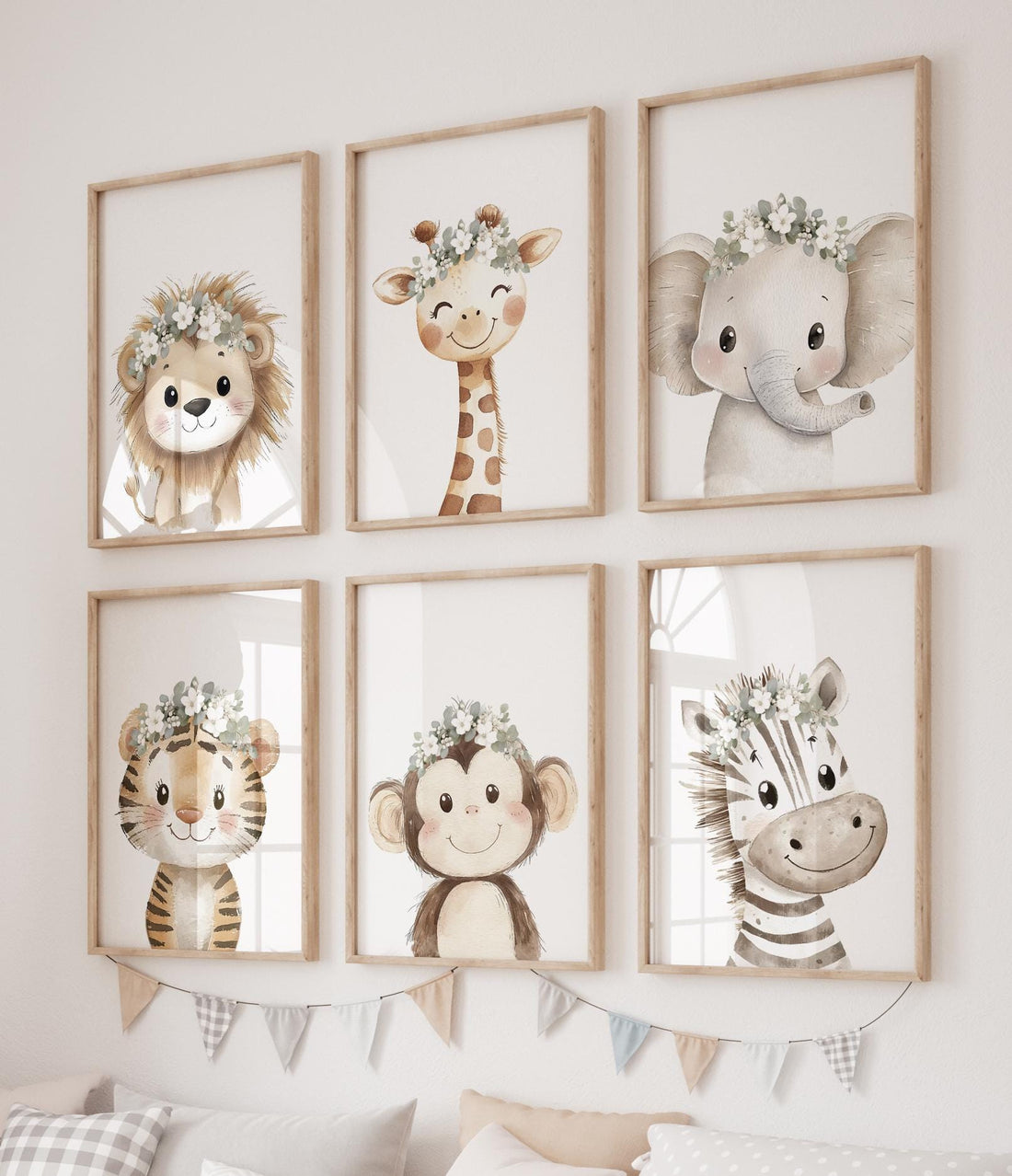 Floral Crown Safari Animal Wall Art Set of 6 – Nursery Jungle Prints with Lion, Giraffe, Elephant, Zebra, Tiger & Monkey – Neutral Decor