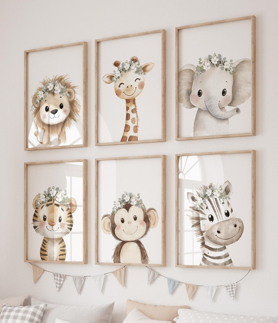 Floral Crown Safari Animal Wall Art Set of 6 – Nursery Jungle Prints with Lion, Giraffe, Elephant, Zebra, Tiger & Monkey – Neutral Decor