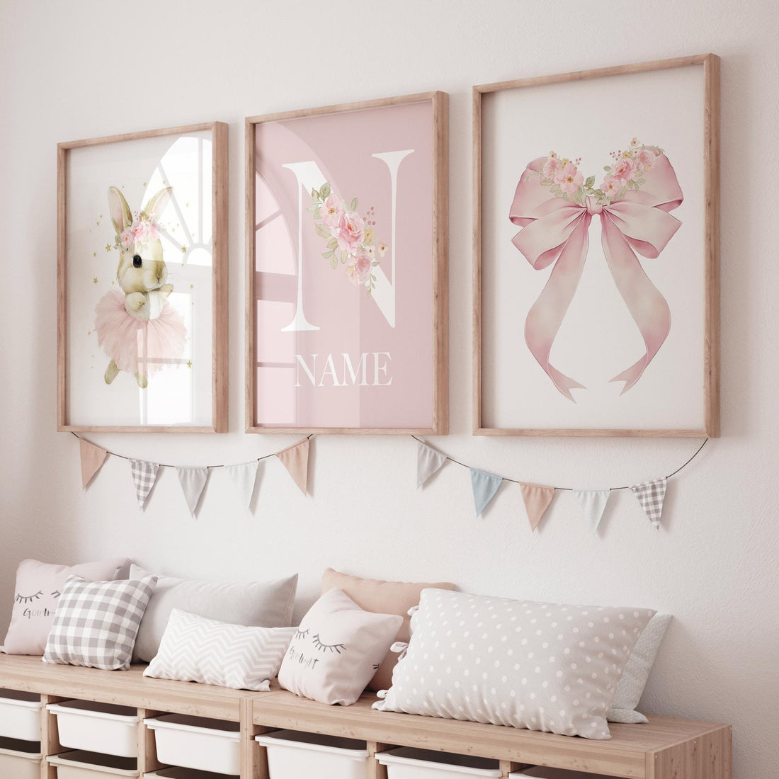 Personalized Ballerina Bunny Name Wall Art – Pink Nursery Prints with Floral Bow, Girl Room Decor, Custom Name Monogram Set of 3