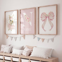 Personalized Ballerina Bunny Name Wall Art – Pink Nursery Prints with Floral Bow, Girl Room Decor, Custom Name Monogram Set of 3