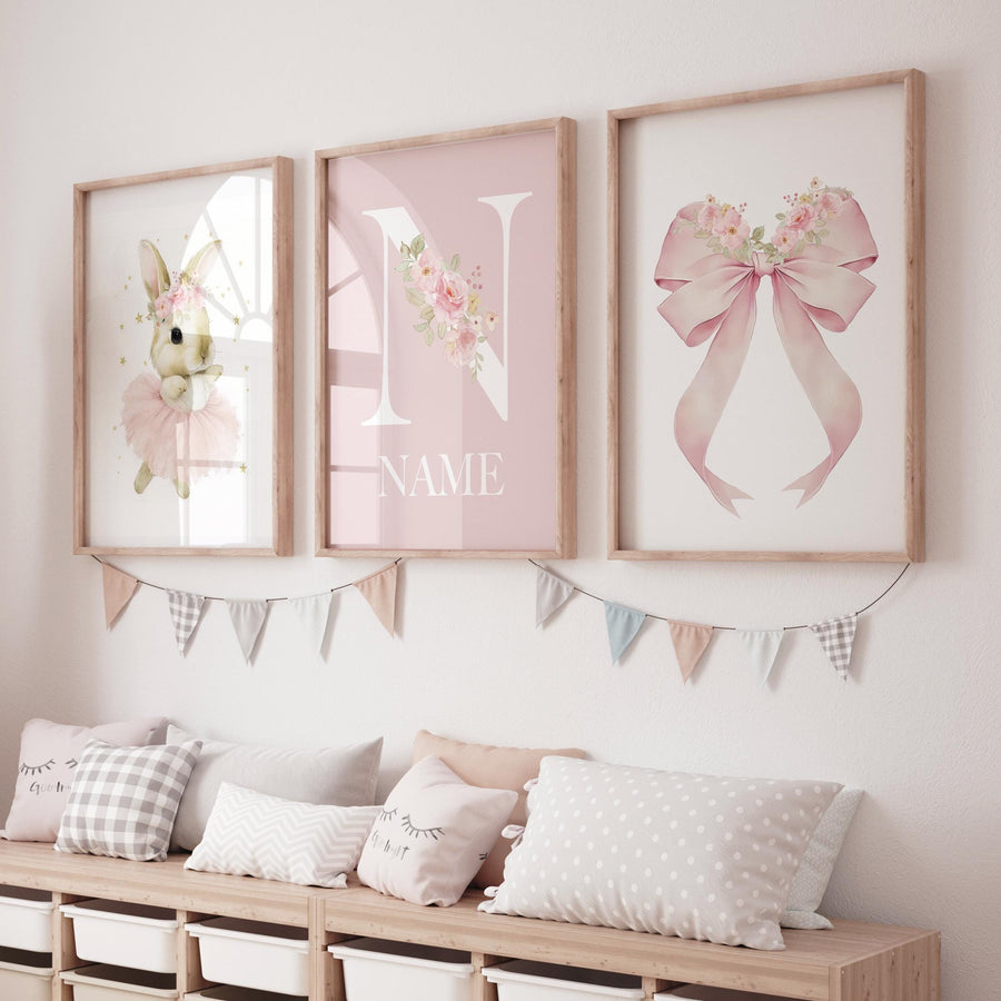 Personalized Ballerina Bunny Name Wall Art – Pink Nursery Prints with Floral Bow, Girl Room Decor, Custom Name Monogram Set of 3