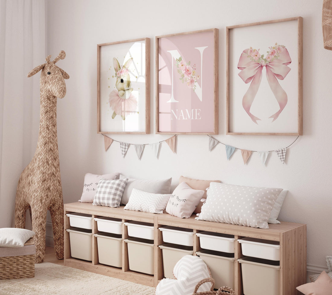 Personalized Ballerina Bunny Name Wall Art – Pink Nursery Prints with Floral Bow, Girl Room Decor, Custom Name Monogram Set of 3