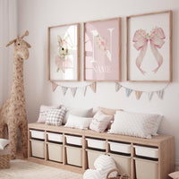 Personalized Ballerina Bunny Name Wall Art – Pink Nursery Prints with Floral Bow, Girl Room Decor, Custom Name Monogram Set of 3