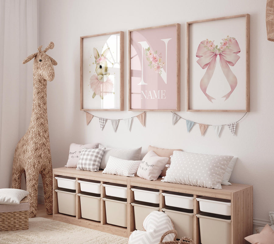 Personalized Ballerina Bunny Name Wall Art – Pink Nursery Prints with Floral Bow, Girl Room Decor, Custom Name Monogram Set of 3