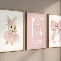 Personalized Ballerina Bunny Name Wall Art – Pink Nursery Prints with Floral Bow, Girl Room Decor, Custom Name Monogram Set of 3