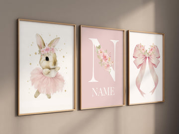 Personalized Ballerina Bunny Name Wall Art – Pink Nursery Prints with Floral Bow, Girl Room Decor, Custom Name Monogram Set of 3