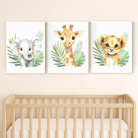 Safari Animal Nursery Wall Art – Jungle Baby Elephant, Lion, and Giraffe Prints – Neutral Safari Decor for Boys or Girls (Set of 3)