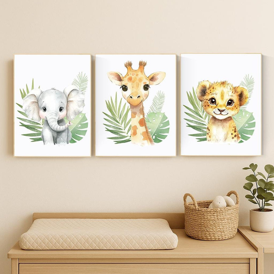 Safari Animal Nursery Wall Art – Jungle Baby Elephant, Lion, and Giraffe Prints – Neutral Safari Decor for Boys or Girls (Set of 3)