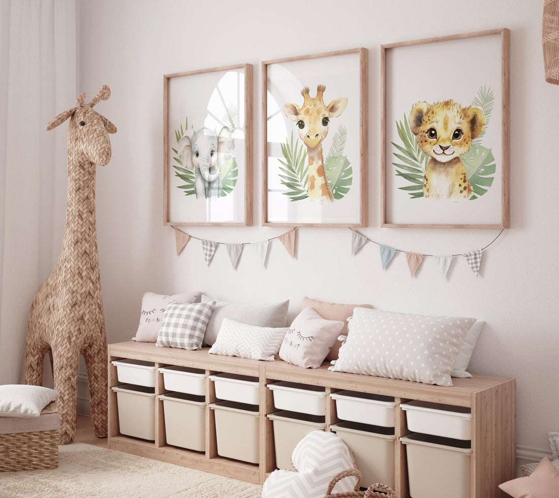 Safari Animal Nursery Wall Art – Jungle Baby Elephant, Lion, and Giraffe Prints – Neutral Safari Decor for Boys or Girls (Set of 3)