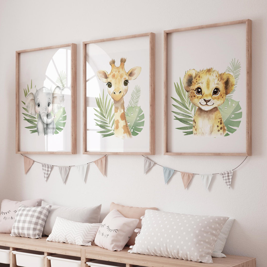 Safari Animal Nursery Wall Art – Jungle Baby Elephant, Lion, and Giraffe Prints – Neutral Safari Decor for Boys or Girls (Set of 3)