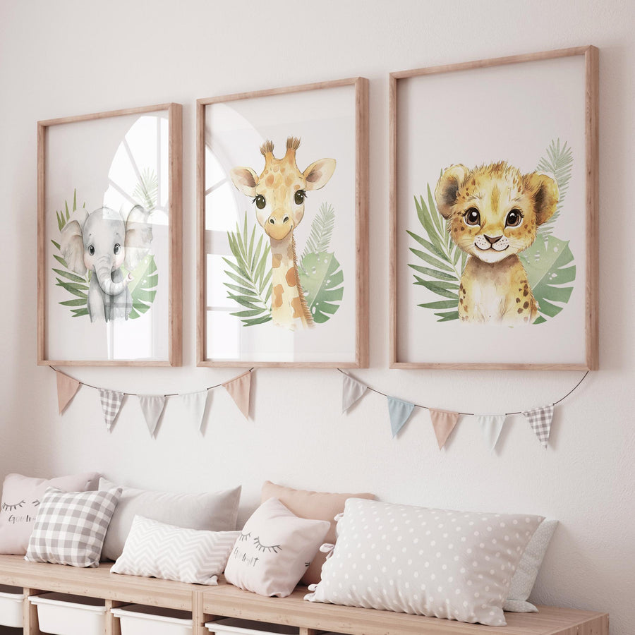 Safari Animal Nursery Wall Art – Jungle Baby Elephant, Lion, and Giraffe Prints – Neutral Safari Decor for Boys or Girls (Set of 3)