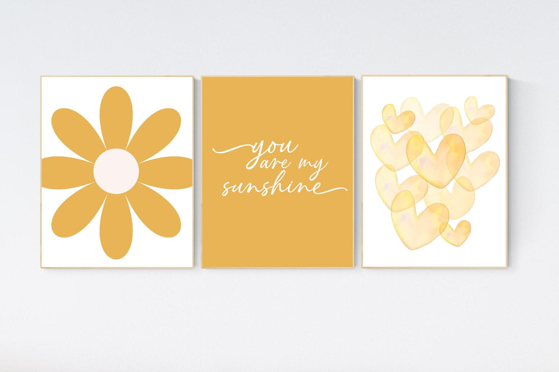 You Are My Sunshine Nursery Wall Art Set – Yellow Flower and Heart Prints for Baby Girl or Boy – Cheerful Boho Nursery Decor Trio