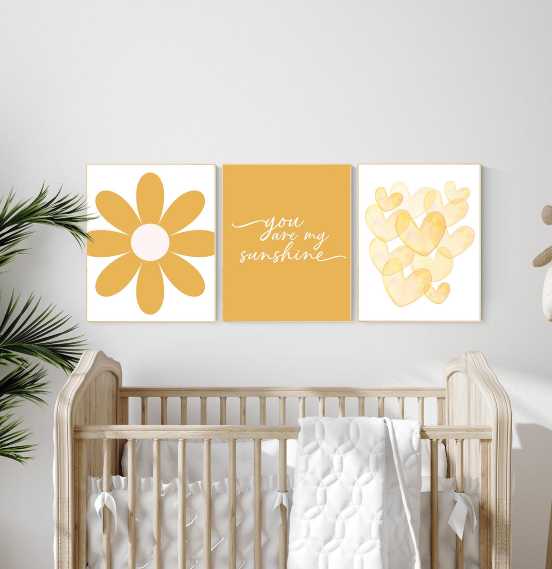 You Are My Sunshine Nursery Wall Art Set – Yellow Flower and Heart Prints for Baby Girl or Boy – Cheerful Boho Nursery Decor Trio