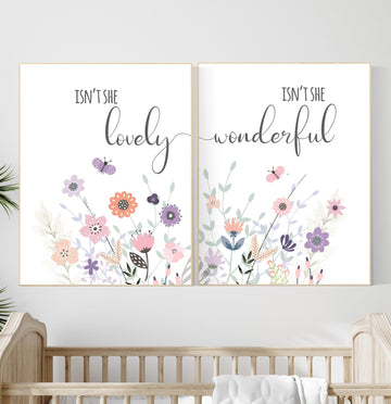 Isn’t She Lovely and Isn’t She Wonderful Floral Wall Art Set – Pastel Butterfly Nursery Prints for Baby Girl Room Decor, Set of 2