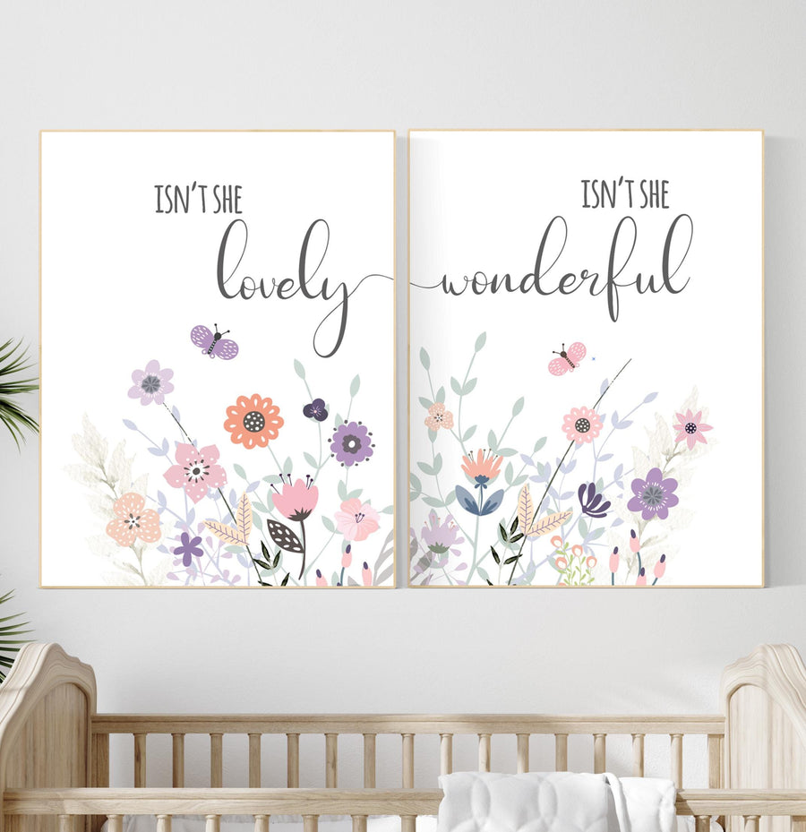 Isn’t She Lovely and Isn’t She Wonderful Floral Wall Art Set – Pastel Butterfly Nursery Prints for Baby Girl Room Decor, Set of 2