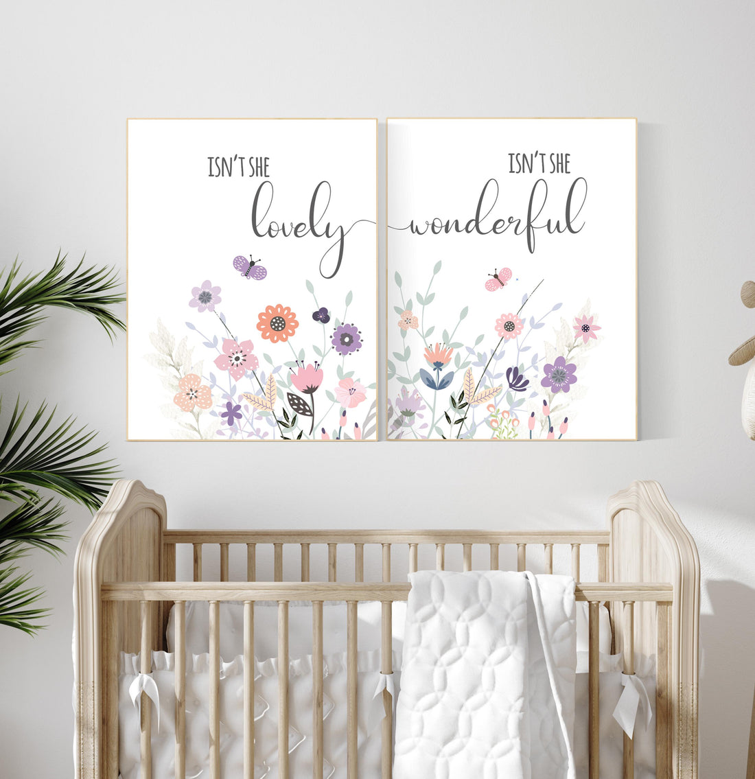 Isn’t She Lovely and Isn’t She Wonderful Floral Wall Art Set – Pastel Butterfly Nursery Prints for Baby Girl Room Decor, Set of 2