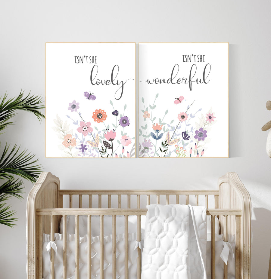 Isn’t She Lovely and Isn’t She Wonderful Floral Wall Art Set – Pastel Butterfly Nursery Prints for Baby Girl Room Decor, Set of 2