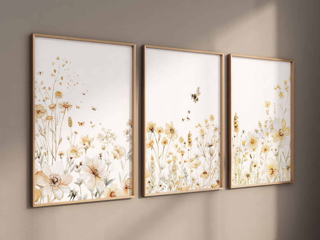 Bee & Yellow Wildflower Print Set: Neutral Botanical Nursery Art