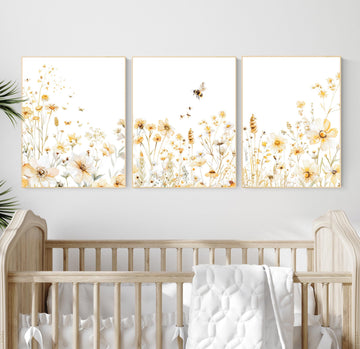 Bee & Yellow Wildflower Print Set: Neutral Botanical Nursery Art