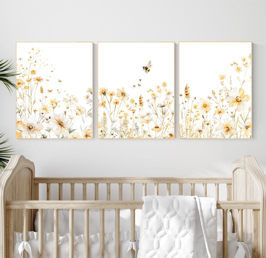 Bee & Yellow Wildflower Print Set: Neutral Botanical Nursery Art