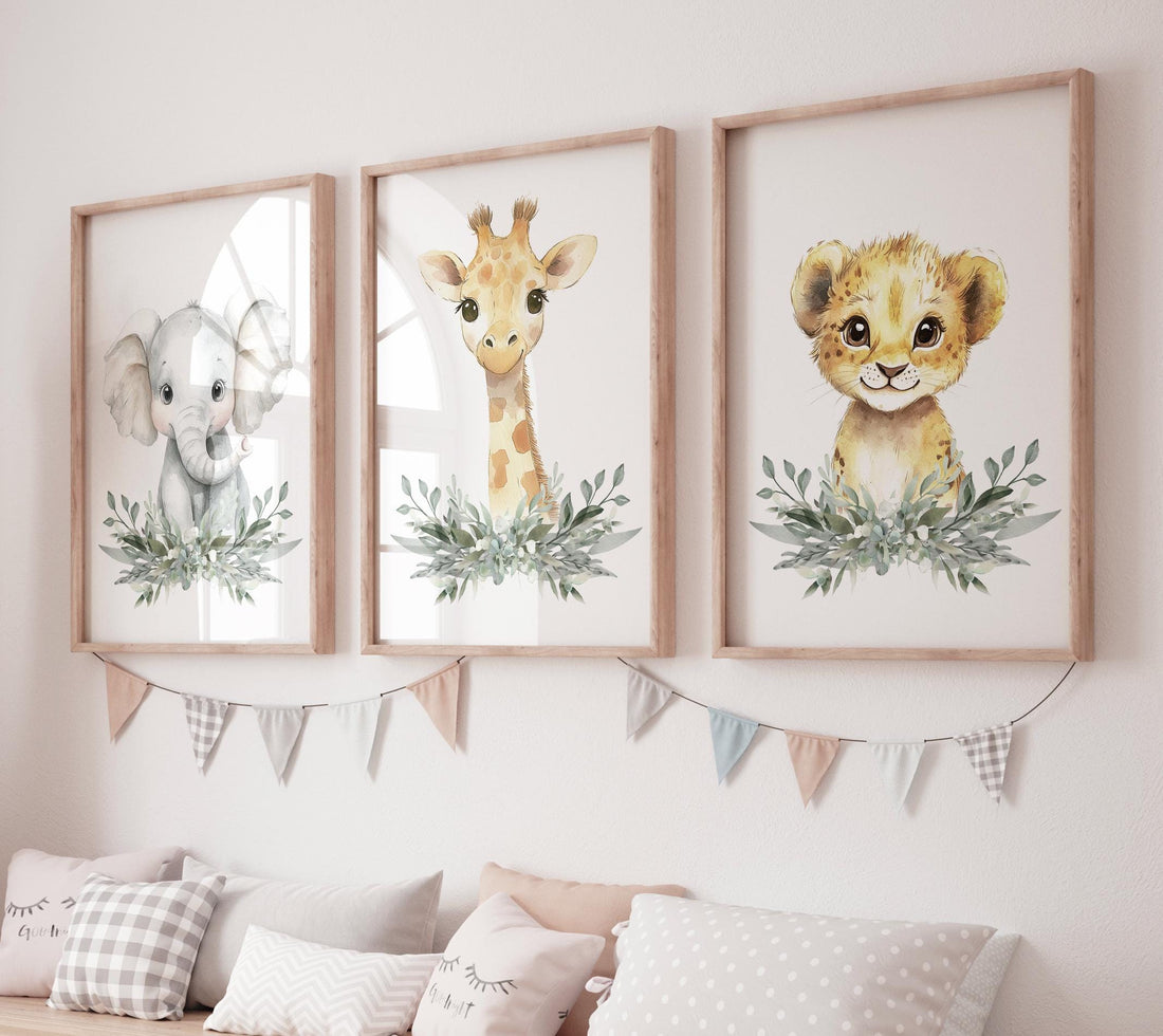 Safari Animal Nursery Wall Art Set – Elephant, Giraffe & Lion Prints with Greenery, Jungle Baby Room Decor, Gender Neutral Wall Art