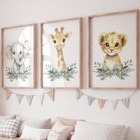 Safari Animal Nursery Wall Art Set – Elephant, Giraffe & Lion Prints with Greenery, Jungle Baby Room Decor, Gender Neutral Wall Art
